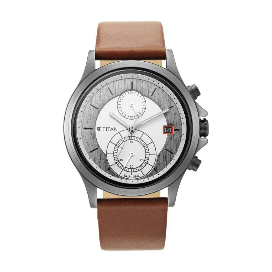 Titan 1870QL01 Workwear Silver Dual Time Quartz Leather Strap Watch