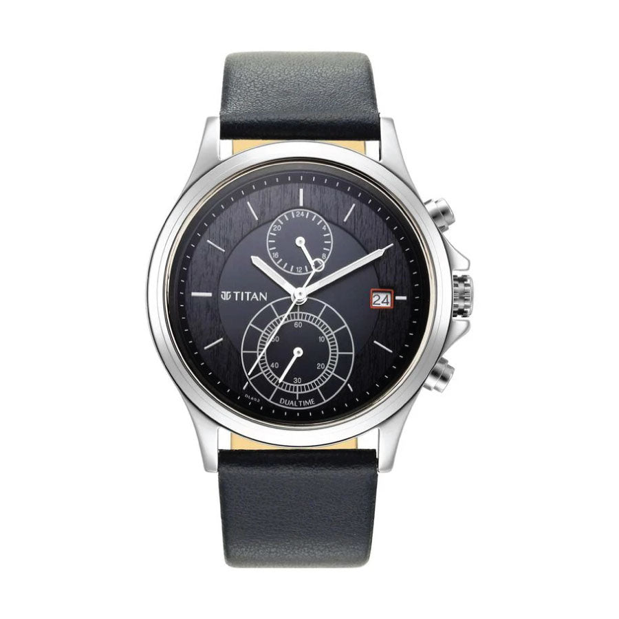 Titan 1870SL01 Workwear Blue Dial Dual Time Leather Strap Watch