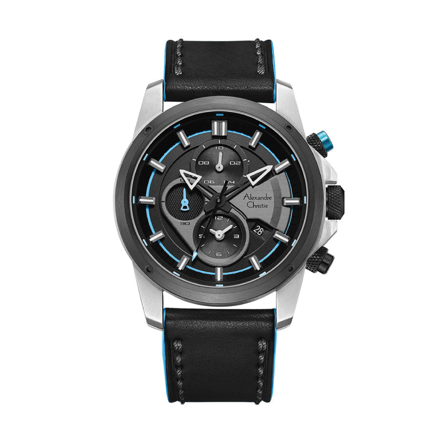 Alexandre Christie 6593MCLTEBALB Black Dial Leather Strap Watch