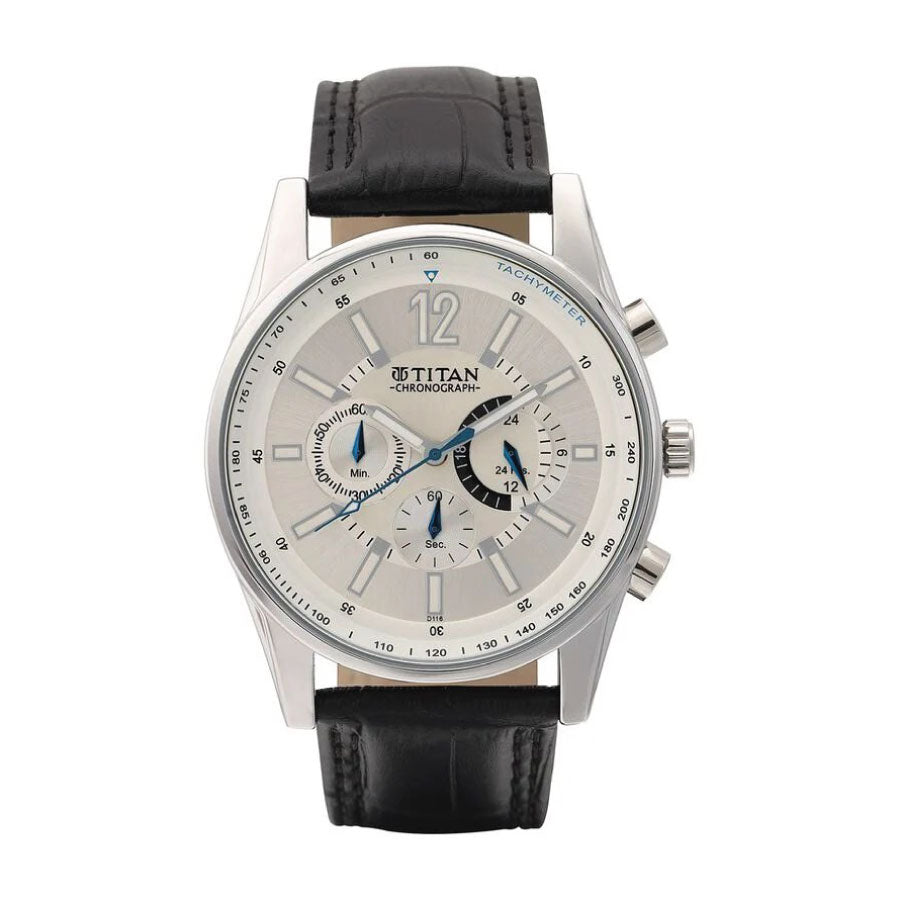 Titan 9322SL02 Classic Silver Dial Chronograph Leather Strap Watch
