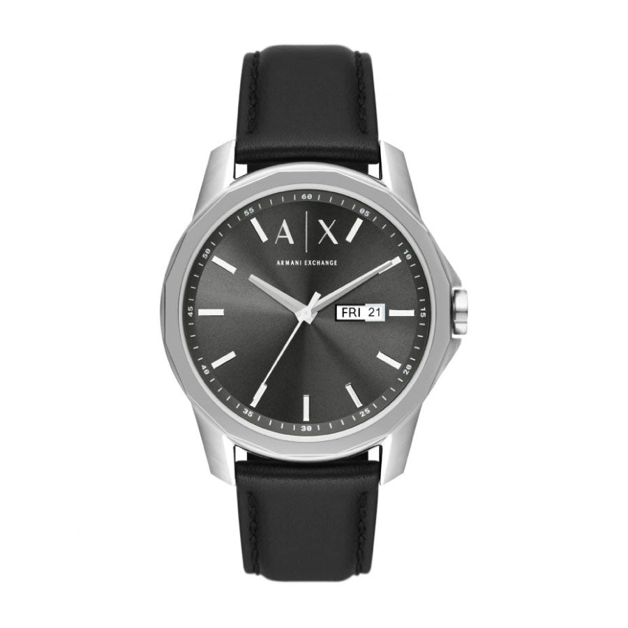Armani Exchange AX1735 Three-Hand Day-Date Black Leather Watch
