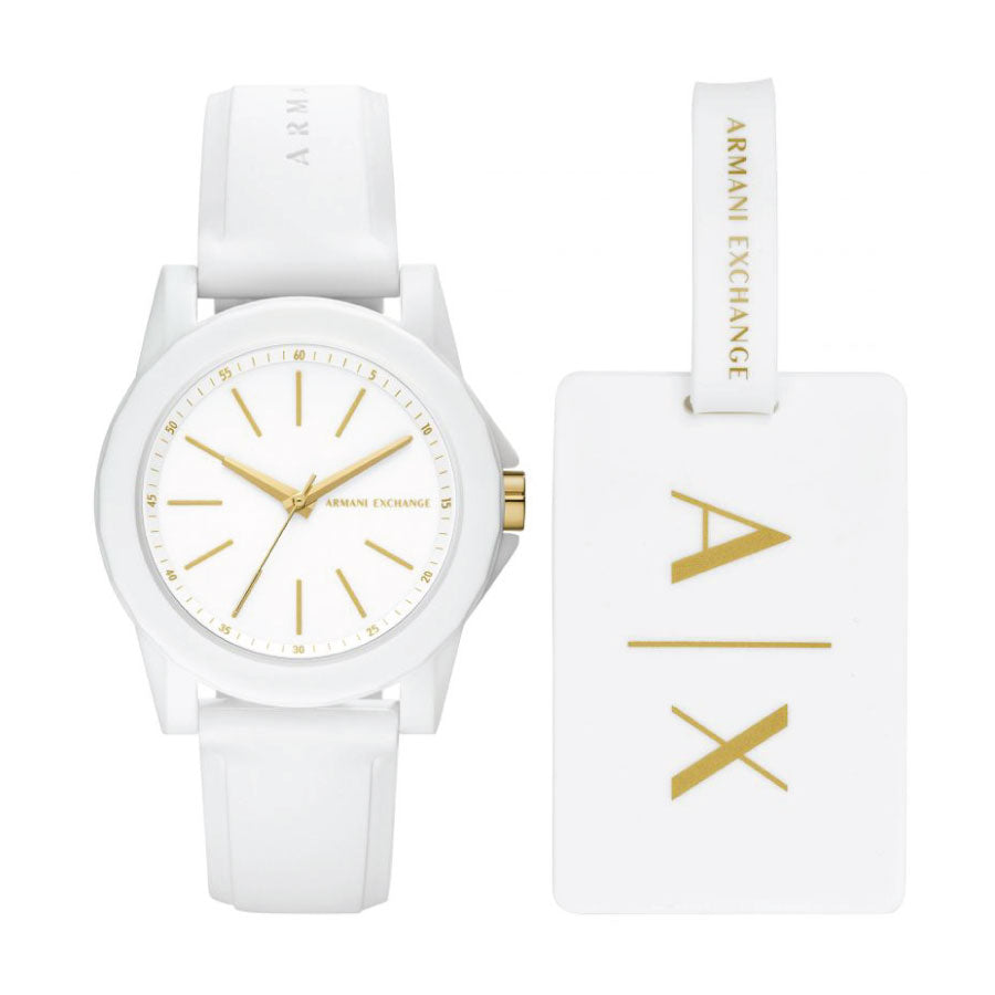 Armani Exchange AX7126 Three-Hand White Silicone Watch and Luggage Tag Gift Set