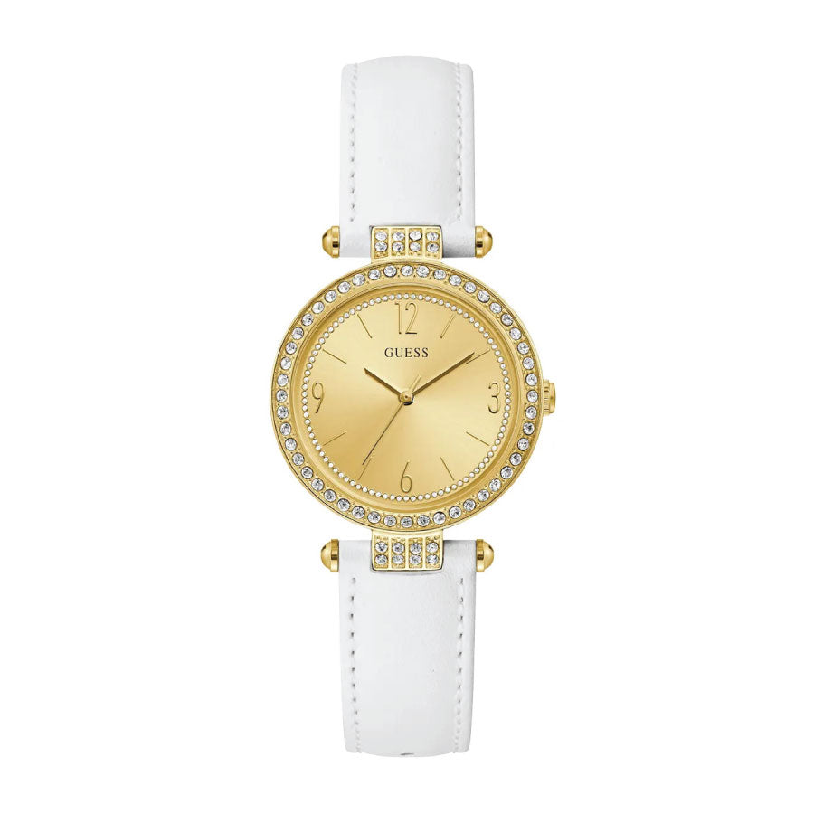 Guess GW0116L5 Gold Tone Case White Leather Strap Watch