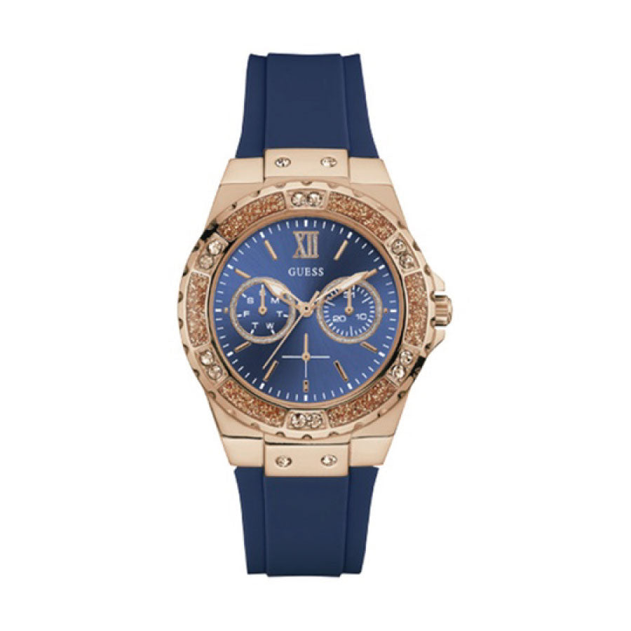 Guess GWW1053L1 Women's Rose Gold Tone Case Blue Silicone Watch