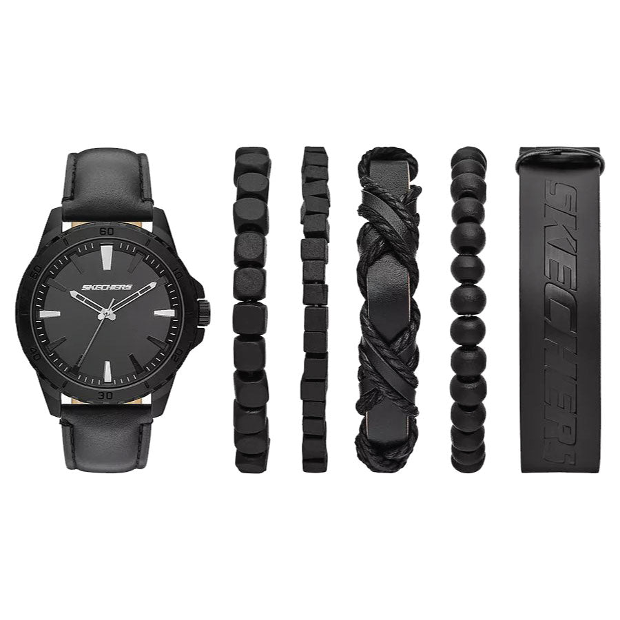 Skechers SR9022 Quartz Dark Black Leather Strap Watch + Bracelets Gift Set
