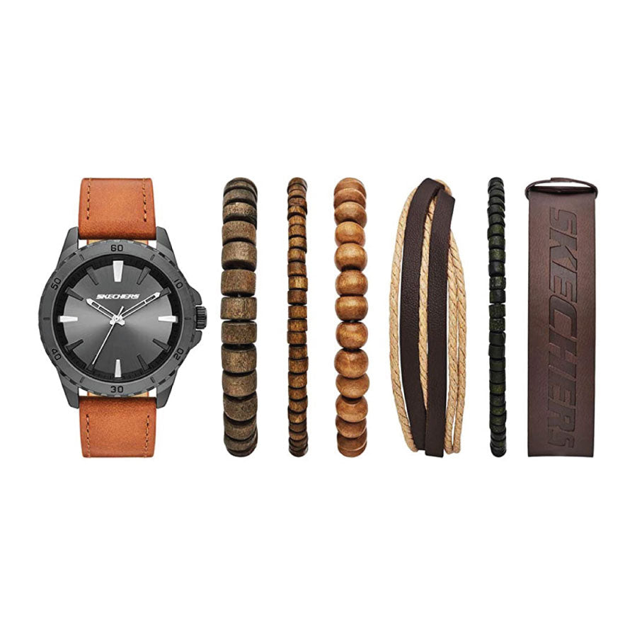 Skechers SR9023 Quartz Dark Brown Leather Strap Watch + Bracelets Gift Set
