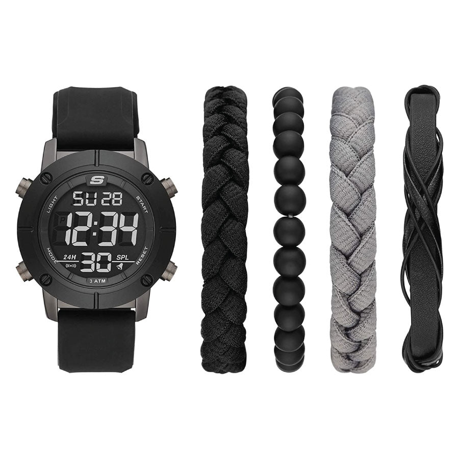 Skechers SR9053 Quartz Digital Black Silicone Strap Watch + Bracelets Gift Set Watch