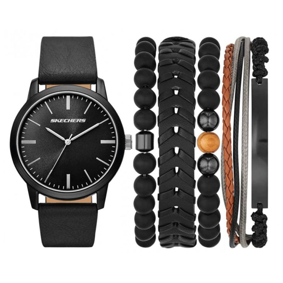 Skechers SR9077 Quartz Black Dial Black Leather Strap Watch + Bracelets Gift Set Watch