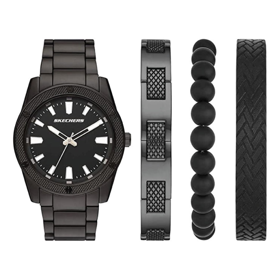Skechers SR9078 Quartz Black Dial Black Metal Case & Strap Watch + Bracelets Gift Set