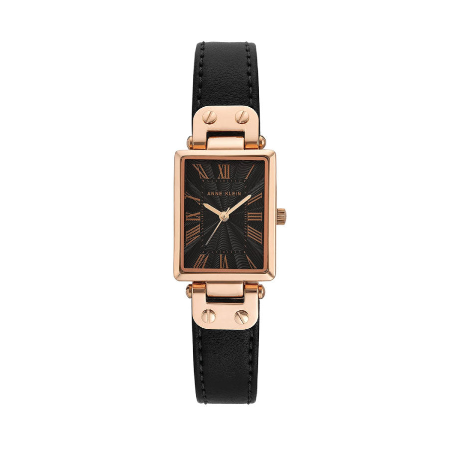 Anne Klein AK-3752RGBK Rectangular Black Dial Black Leather Strap