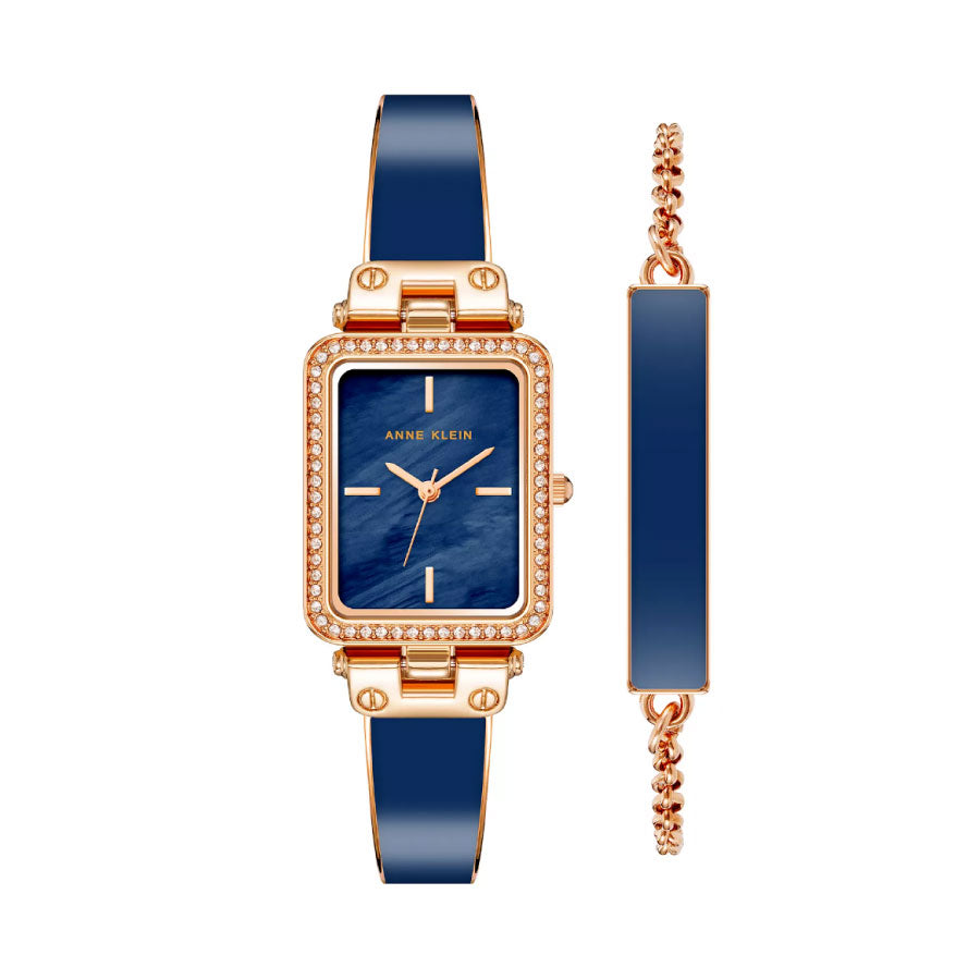 Anne Klein AK-3898NVST Navy Blue Dial Stainless Stee Rose Gold-Tone Bracelet Set