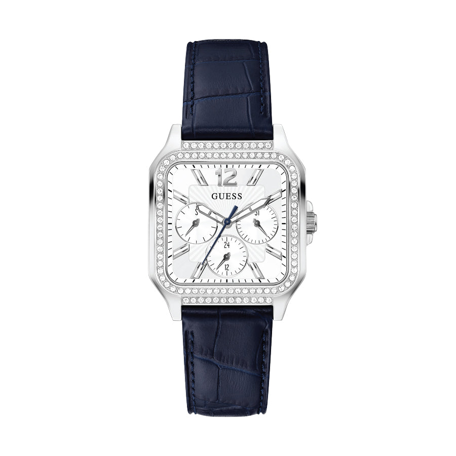 Guess GW0309L1 Silver Tone Case Navy Genuine Leather Watch