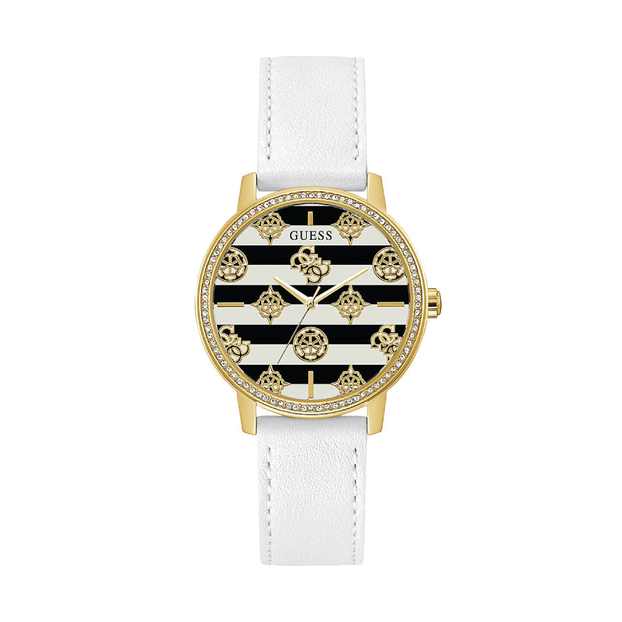 Guess GW0398L1 Eco-Friendly Gold And White Leather Recycled Ultra Suede Strap Watch