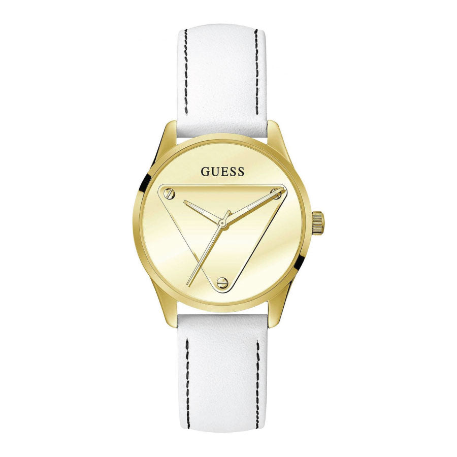 Guess GW0399L1 Eco-Friendly Gold Logo And White Leather Recycled Ultra Suede Strap Watch