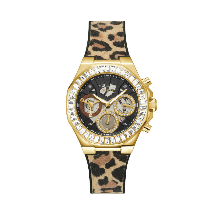 Guess GW0463L1 Gold Tone Case Animal Print Genuine Leather/Silicone Watch