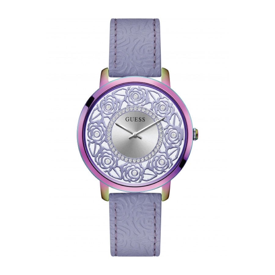 Guess GW0529L4 Iridescent Floral Cutout Purple Analog Leather Watch