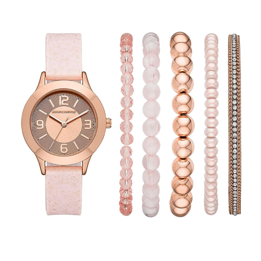 Skechers SR9024 Rose Gold-Tone Dial Pink Silicone Watch + Bracelets Gift Set