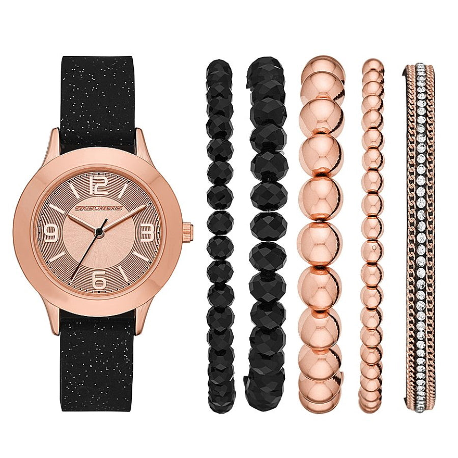 Skechers SR9025 Rose Gold-Tone Dial Black Silicone Watch + Bracelets Gift Set