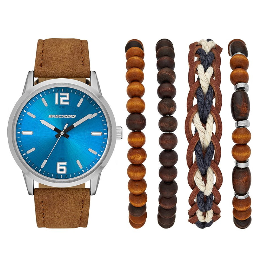 Skechers SR9026 Blue Dial Brown Leather Watch + Bracelets Gift Set