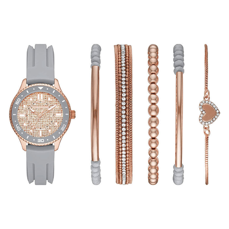 Skechers SR9062 Rose Gold-Tone Dial Grey Silicone Strap Watch + Bracelets Gift Set