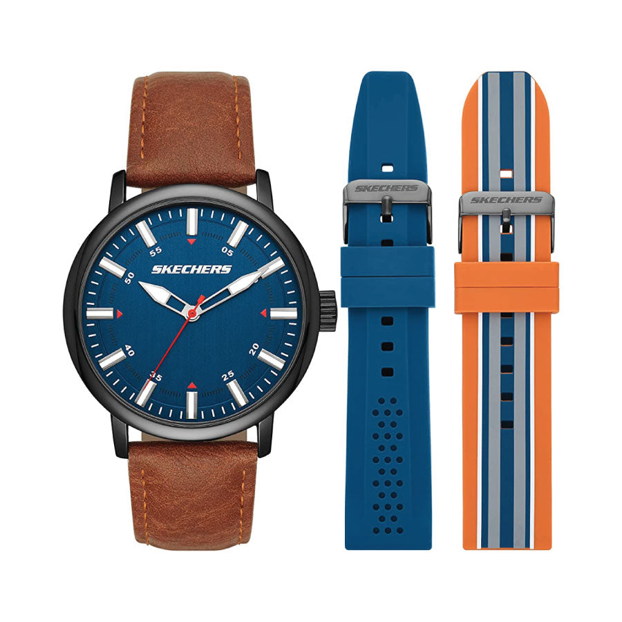 Skechers SR9069 Quartz Blue-Tone Dial Brown Silicone Strap Watch + Additional Strap Gift Set