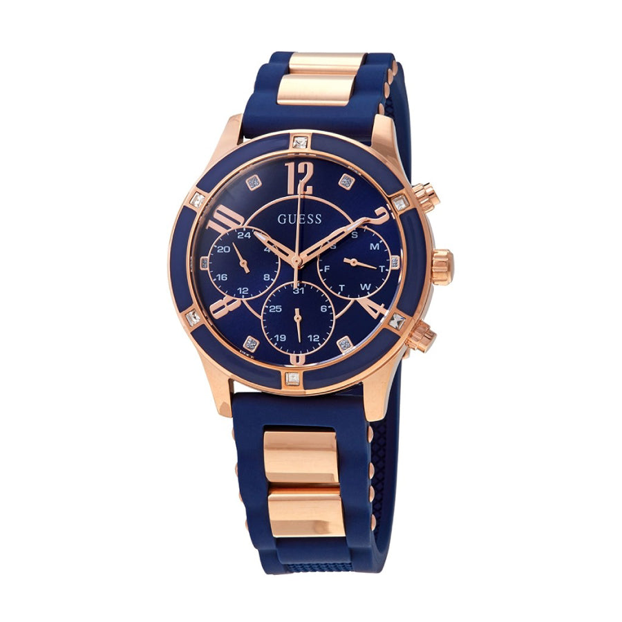 Guess W1234L4 Rose Gold Tone Case Blue Silicone Watch