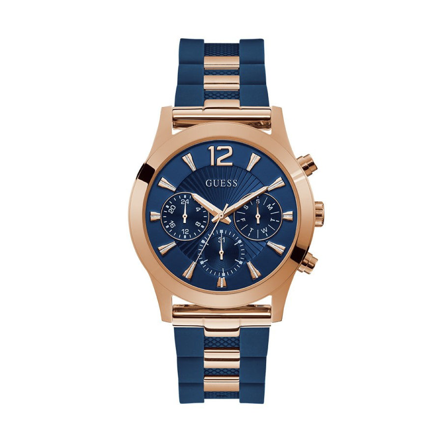 Guess W1294L2 Rose Gold Tone Case Blue Silicone Watch